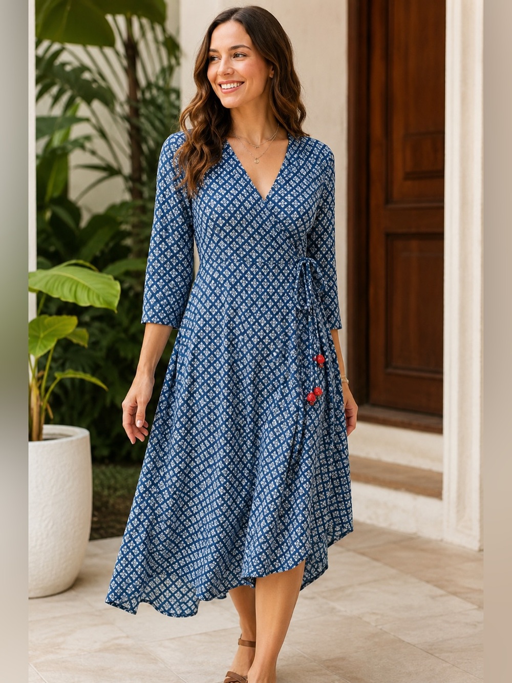 Janasya Blue Block Print Wrap Kurti Dress XS Cotton Tassel Trim Made in India